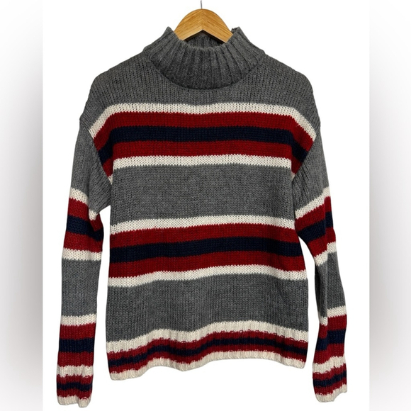 Kismet Sweaters - Kismet Striped Knit Mock Neck Sweater - Medium Red Grey Navy White Cozy